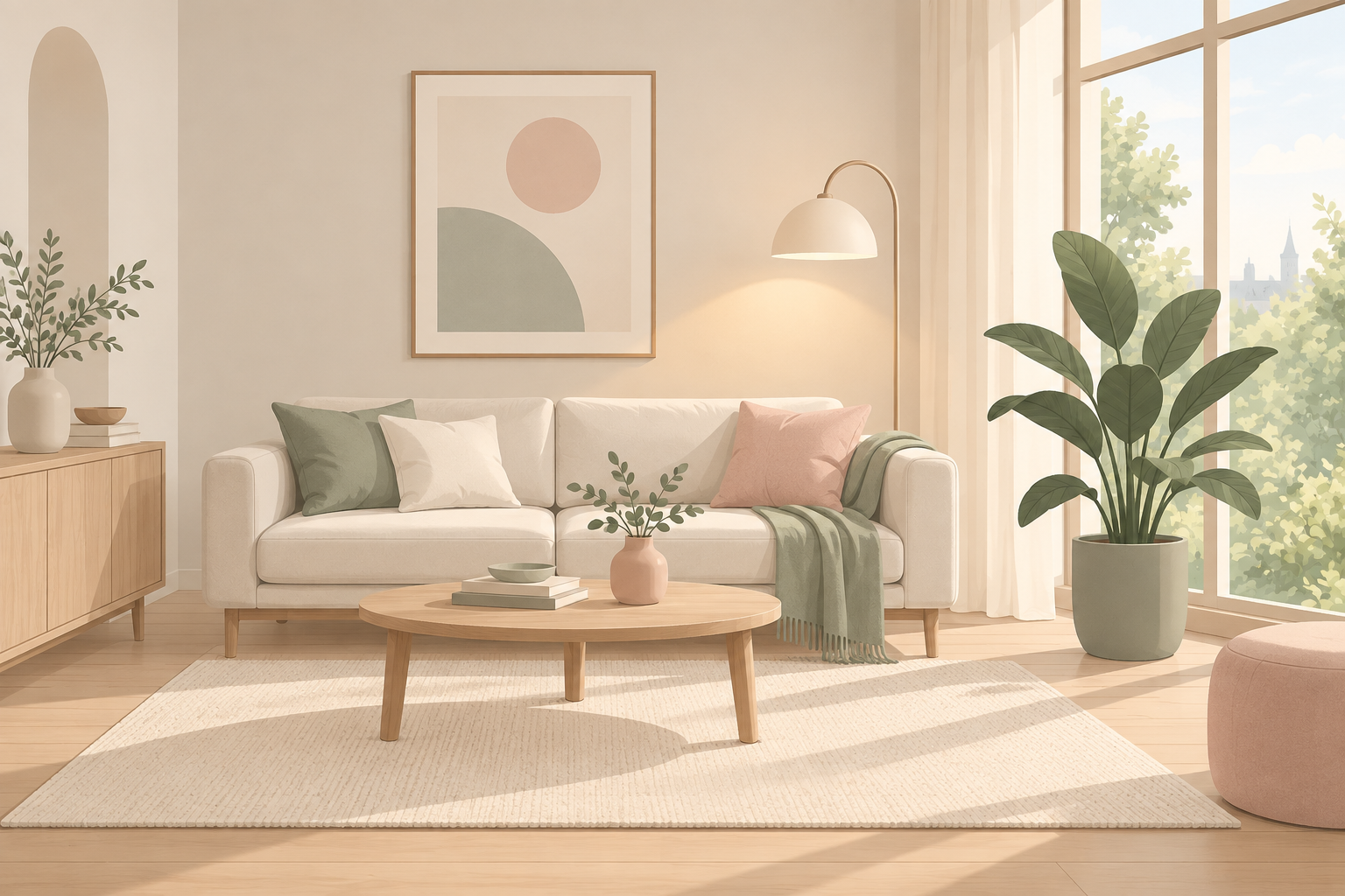 柔和马卡龙配色的北欧极简客厅插画 — AI image creation