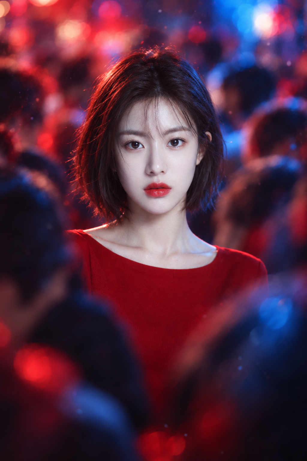 人潮红蓝光影成年女性肖像