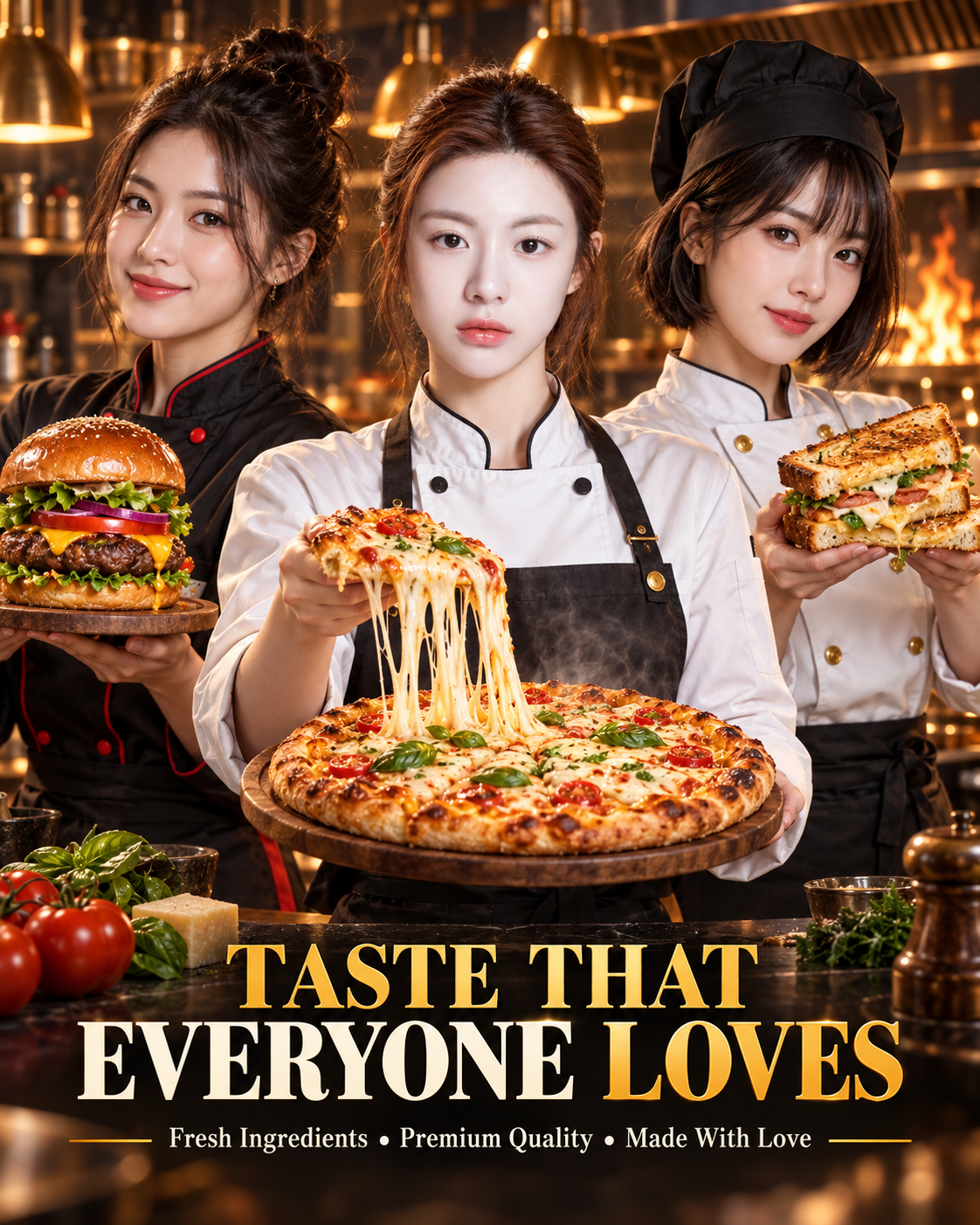 三位成年女厨师美食广告拼贴 — AI image creation