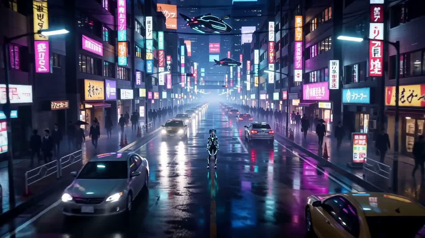 霓虹雨夜的赛博凝视 — AI video creation