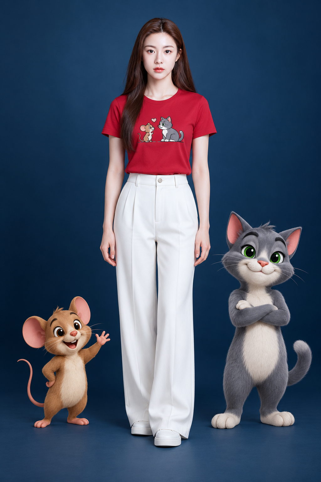 时尚人物与原创猫鼠角色的影棚合影 — AI image creation