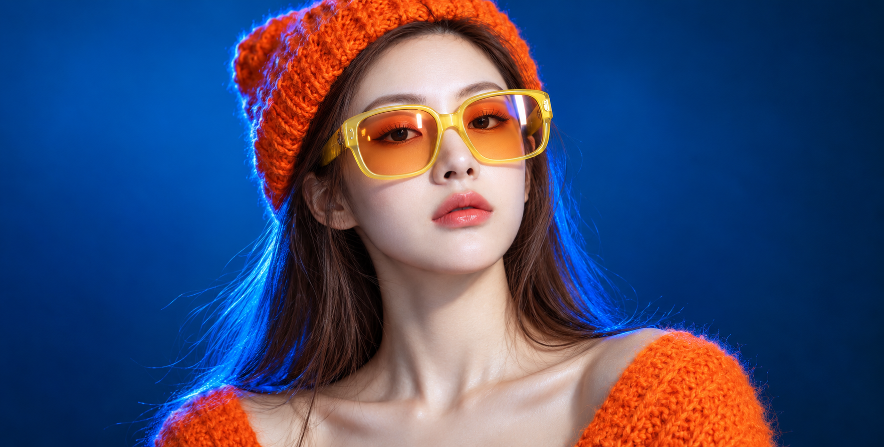 蓝橙霓虹未来感成年女性时尚肖像 — AI image creation