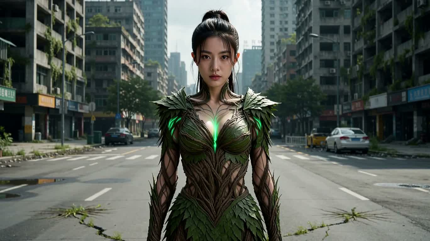 翠绿根脉吞噬废墟都市 — AI video creation