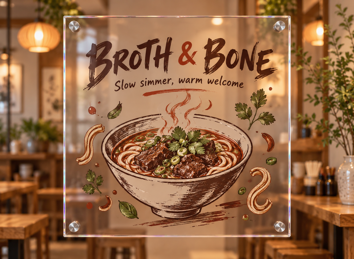 透明亚克力手绘餐饮门店标牌 — AI image creation