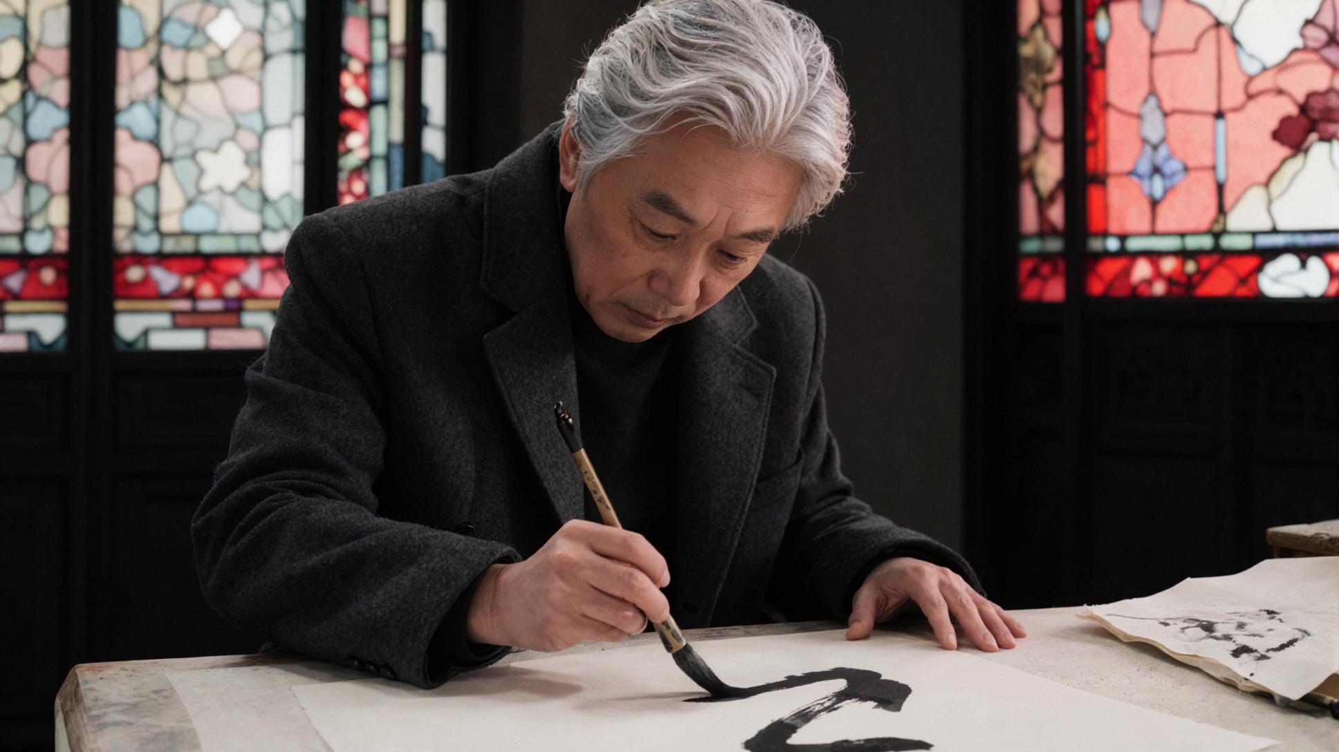 Silver-haired East Asian Poet · Ink on Paper · Cross-Polarized — AI image creation