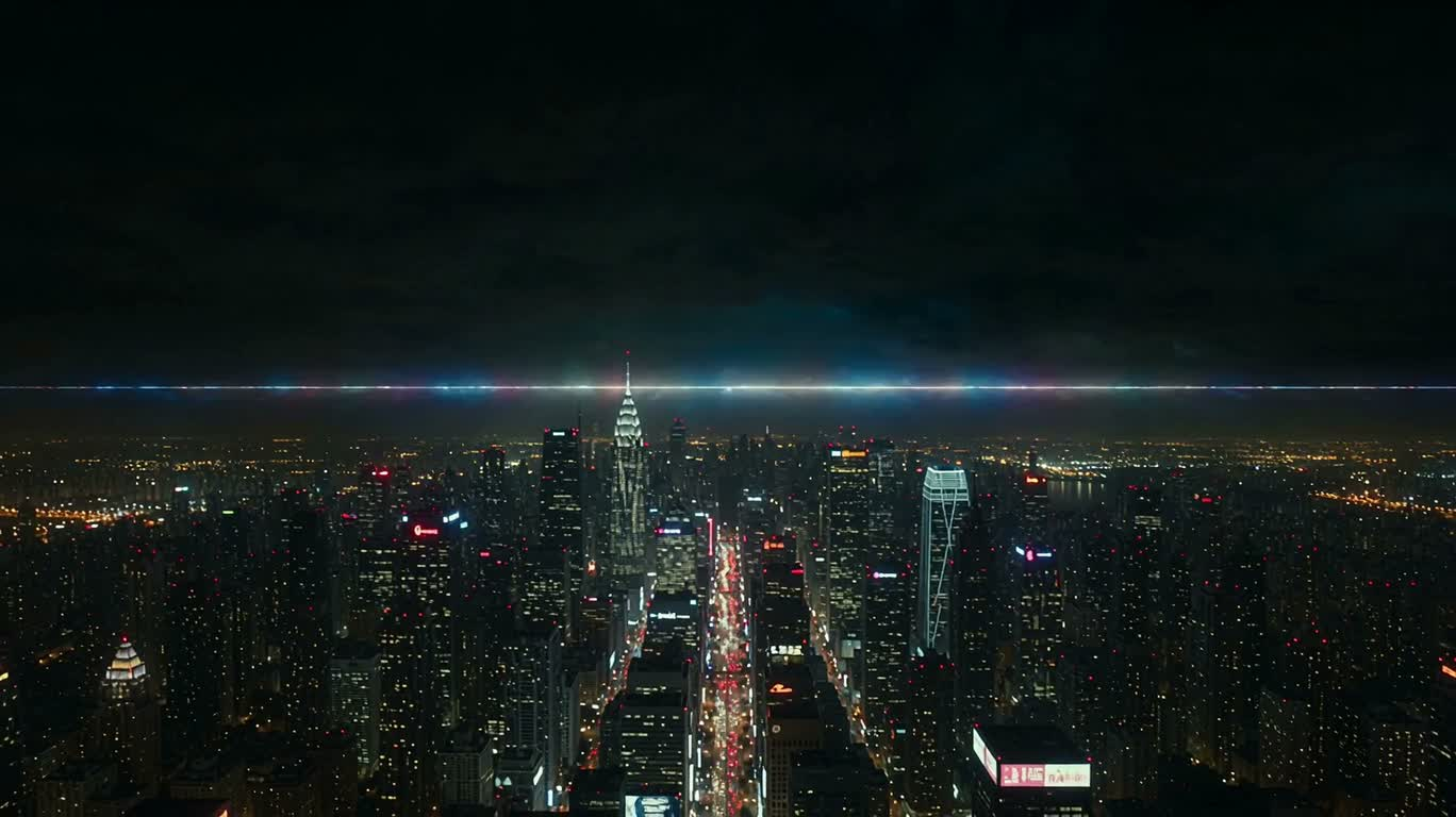 霓虹都市上空的宇宙裂隙 — AI video creation