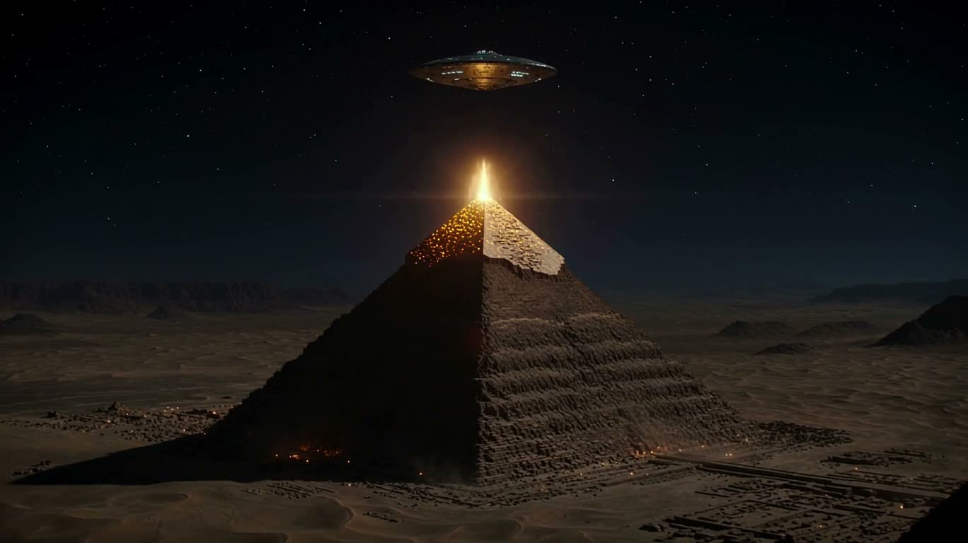 Pyramide dorée et ovni en suspension — AI video creation