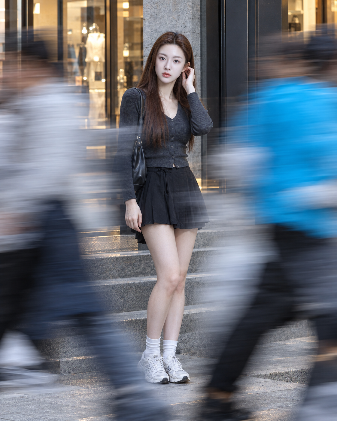 青蓝行人动感拖影中的清晰街头主角