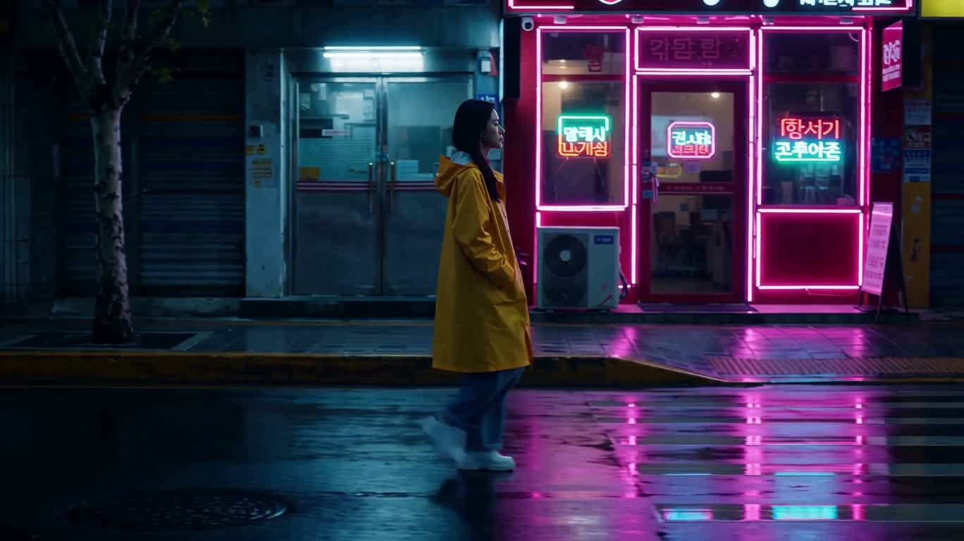 Balade sous la pluie néon — AI video creation
