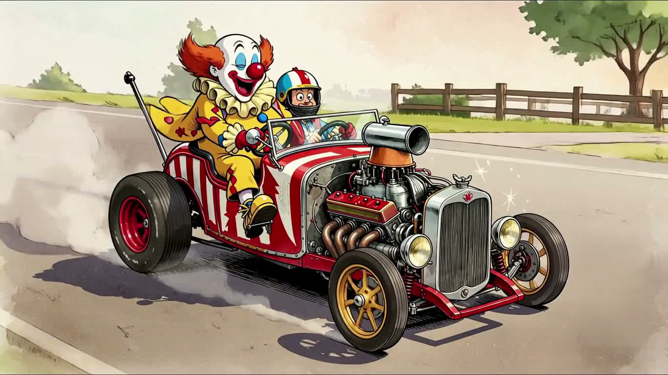 Retro Clown Hot Rod Watercolor Comic