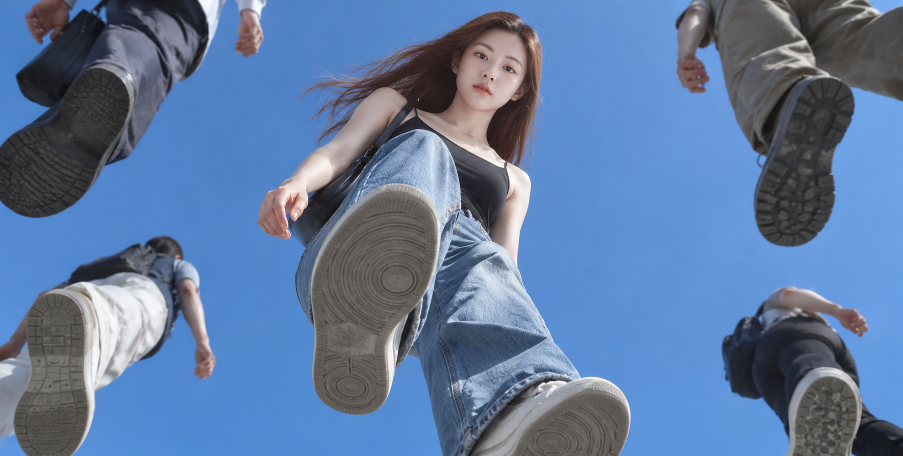 투명한 평면 아래 걷는 군중을 올려다보다