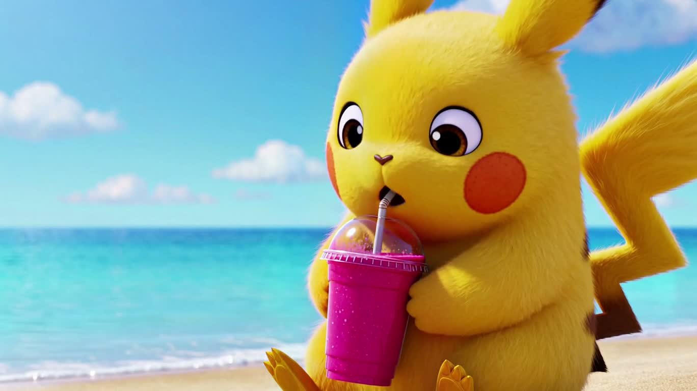 Pikachu Enjoying a Drink by the Sea — AI video creation