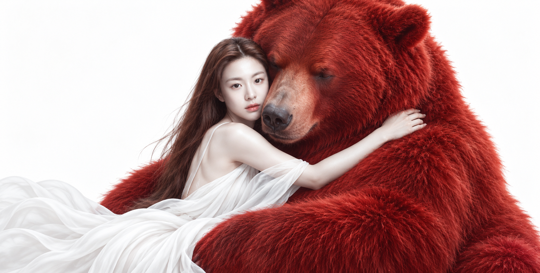 超现实梦境:白衣女子温柔拥抱巨型红熊 — AI image creation