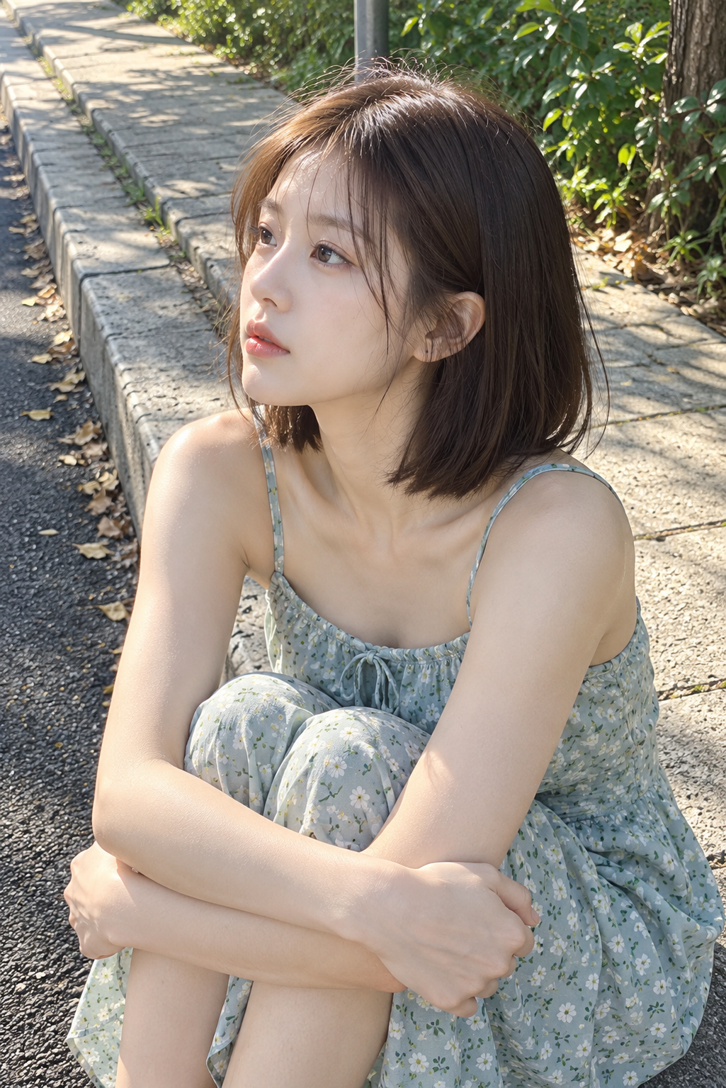 夏日路缘边的安静手机抓拍人像