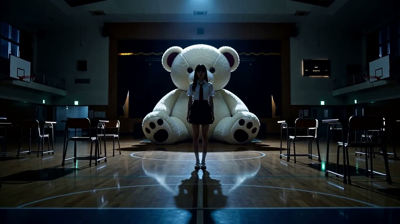 红光凝视的泰迪熊密室 — AI video creation
