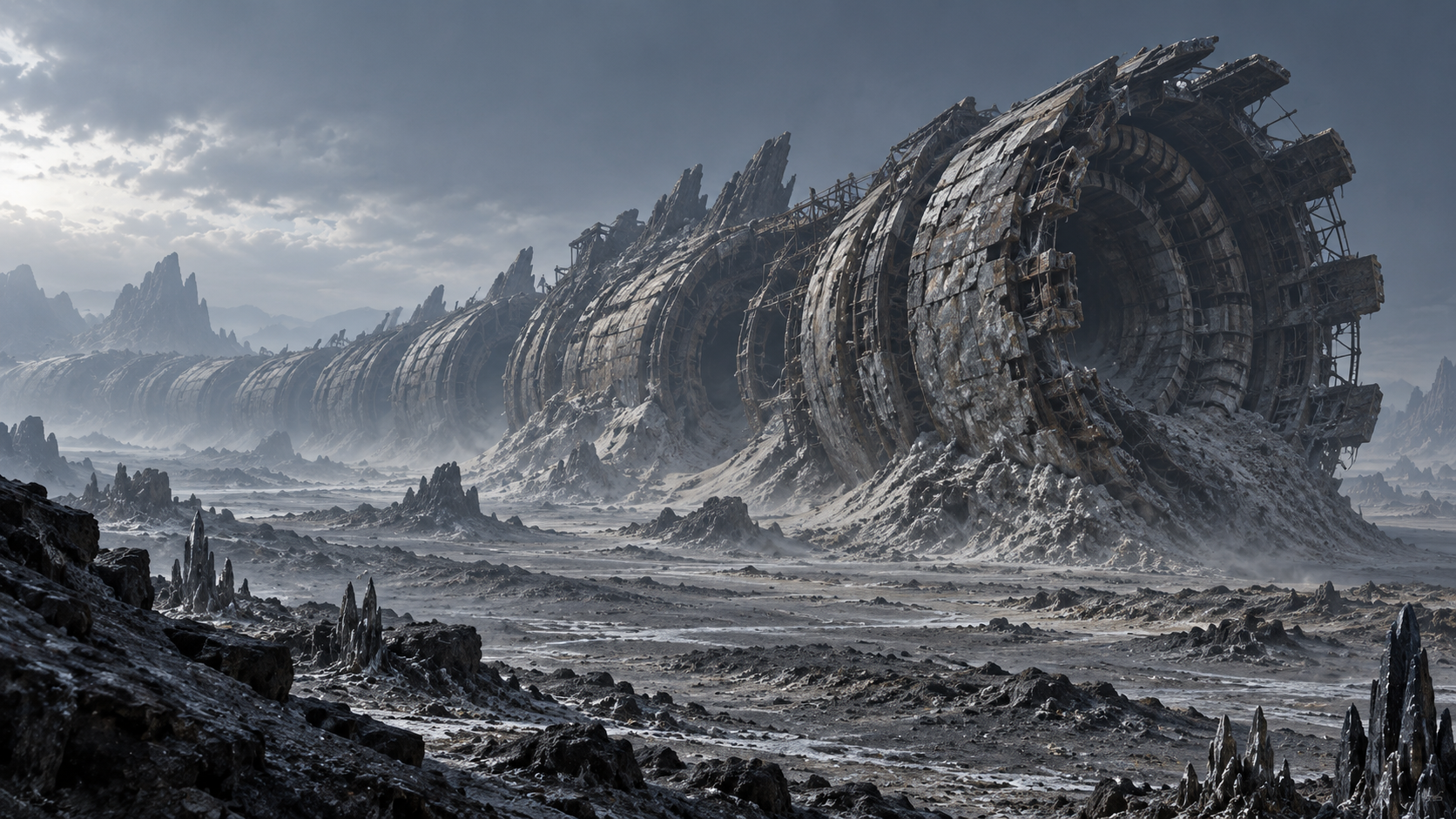 盘踞荒原的远古外星蠕虫采矿机 — AI image creation