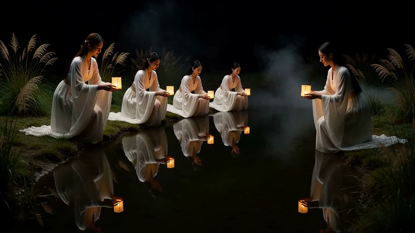 幽暗河畔的燃灯仪式 — AI video creation