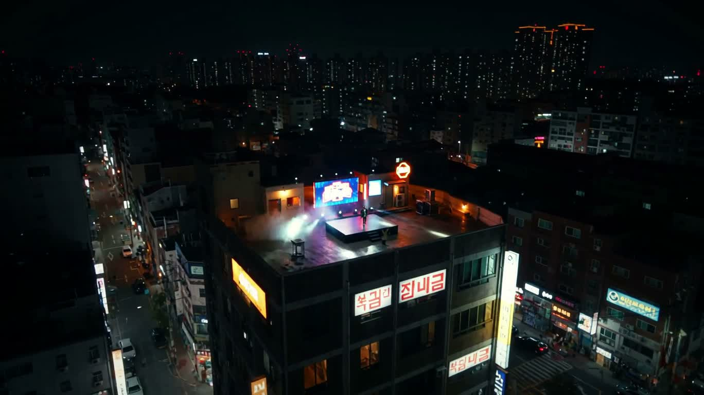 霓虹屋顶 K-Hip Hop 说唱舞台 — AI video creation