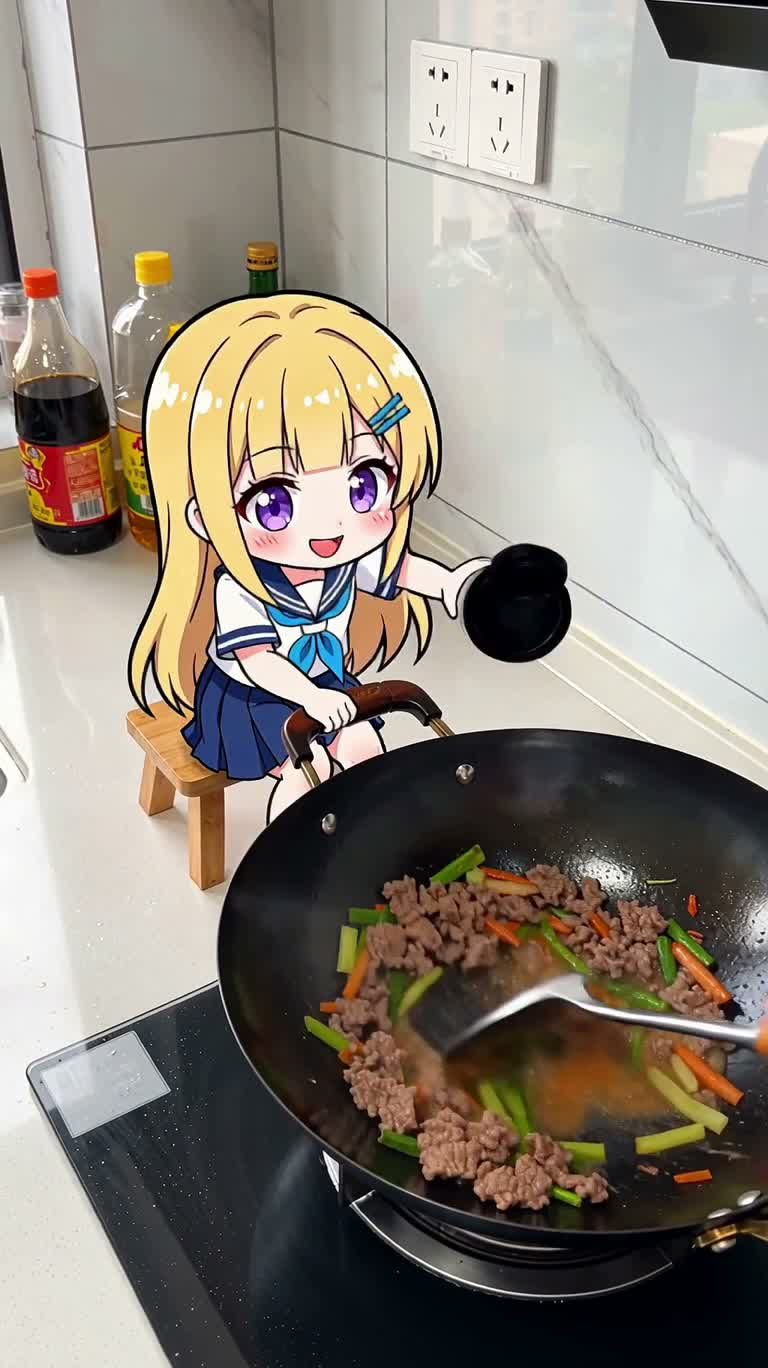 盐山恶作剧:贴纸女孩的厨房大危机 — AI video creation