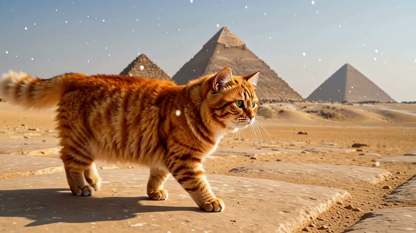 吉萨金字塔上的雪中橘猫 — AI video creation