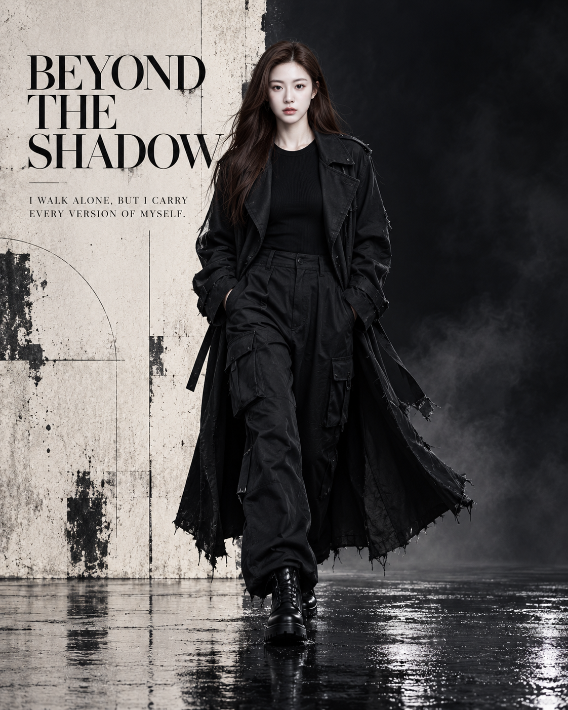 黑白赛博废土成年女性时尚海报 — AI image creation