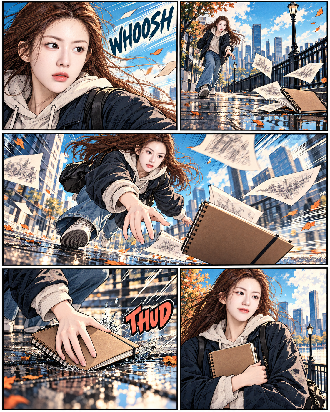 成年女主角五格热血动作漫画页 — AI image creation