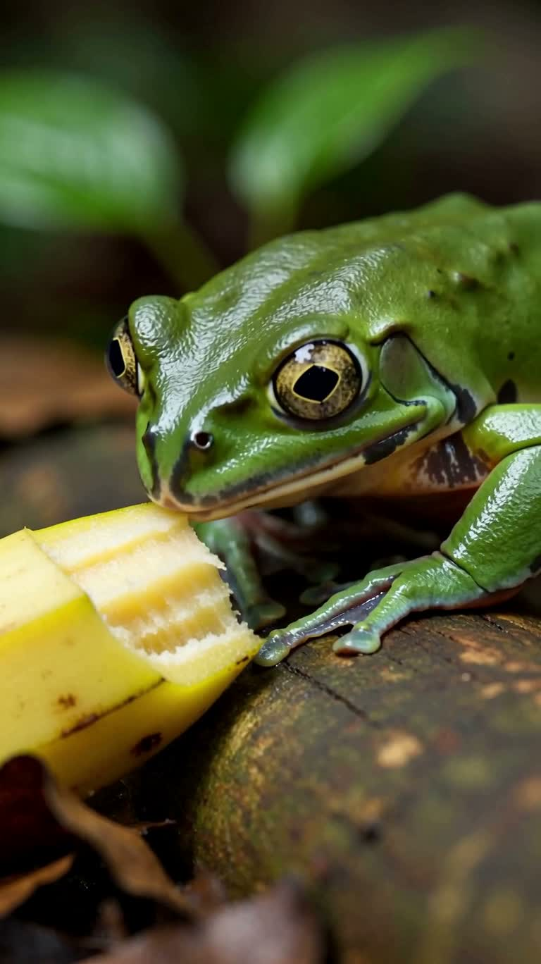 Лягушка из тропического леса пробует банан