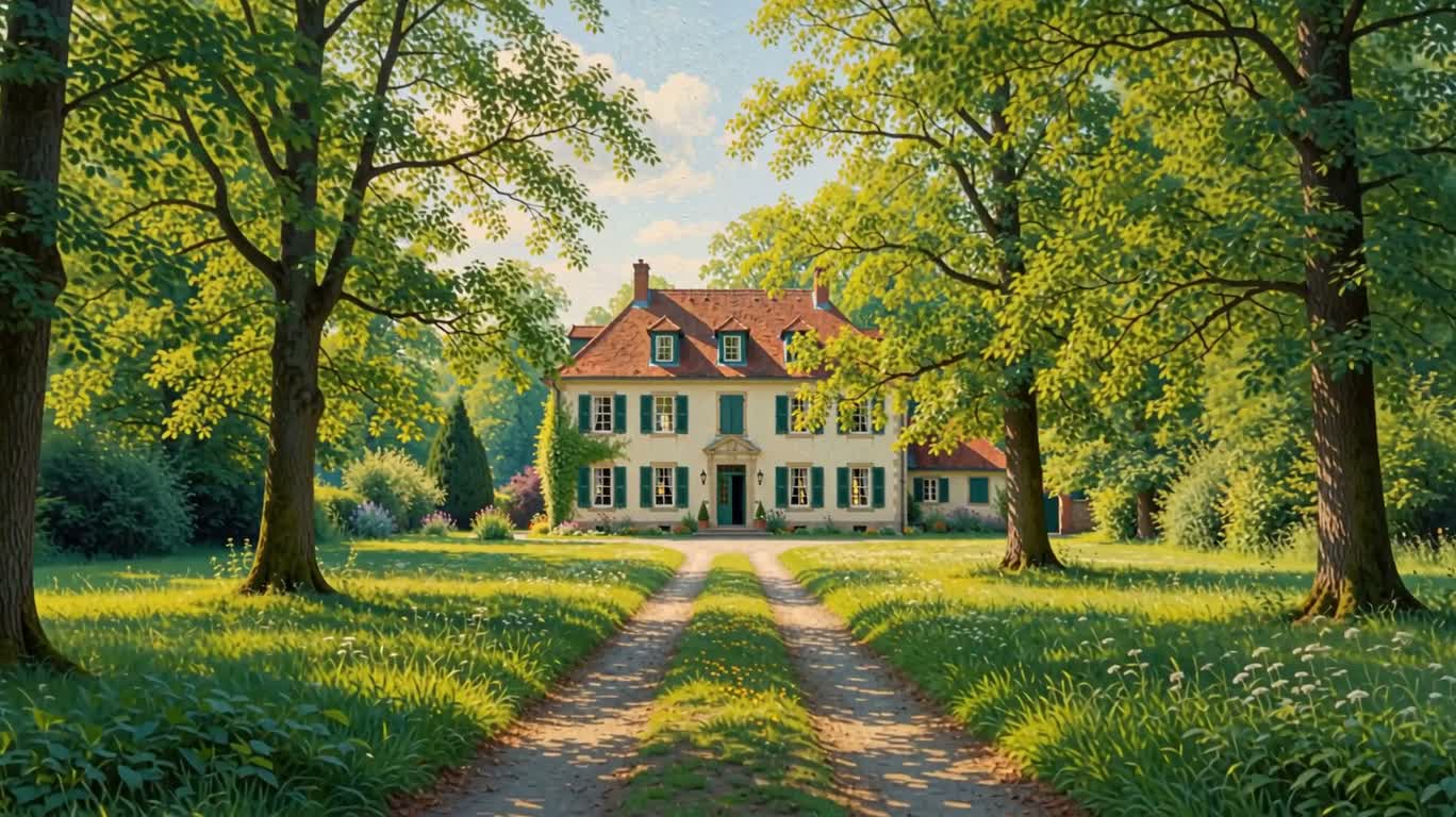 点描画法で描かれた森の古い家