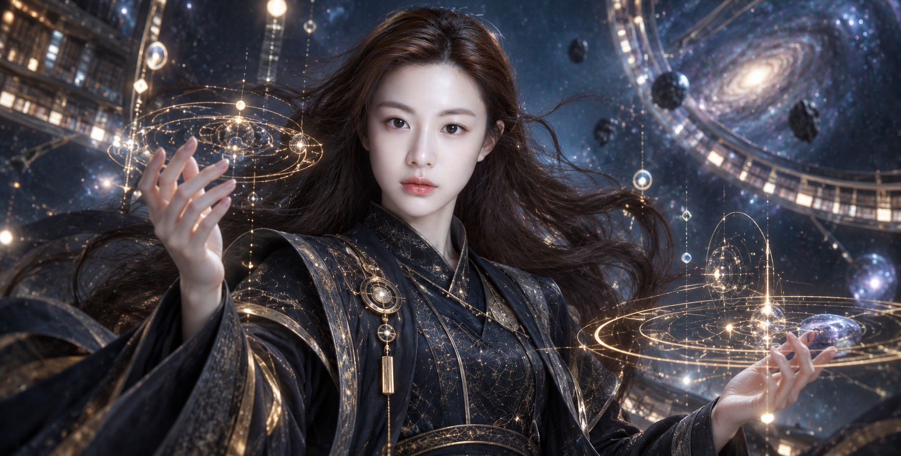 悬浮深蓝宇宙中的成年女性天体档案员 — AI image creation