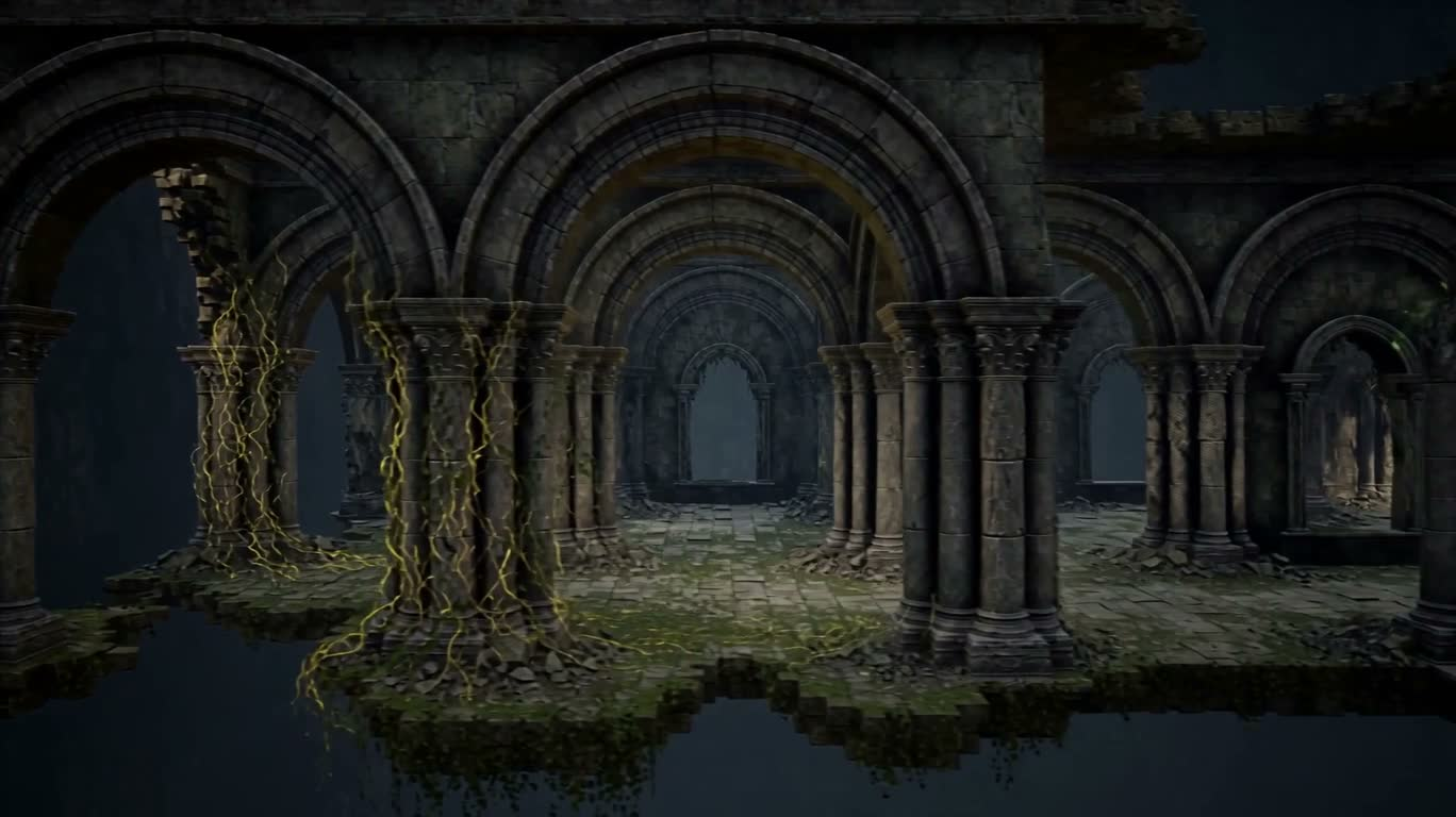 浮遊遺跡と蛍光の蔦 — AI video creation