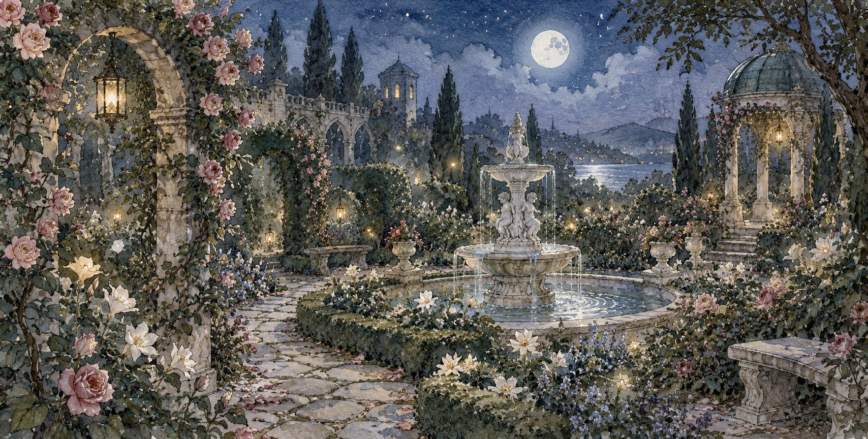 午夜魔法花园的水彩梦境 — AI image creation
