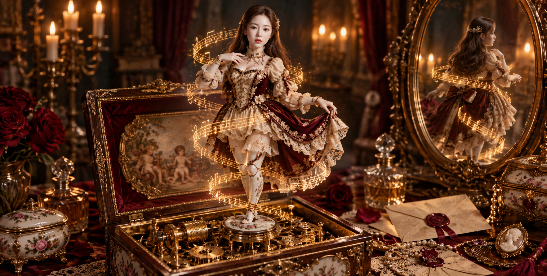 梳妆台上的奇迹：八音盒舞者的机械苏醒 — AI image creation