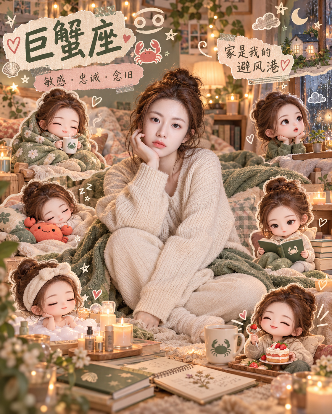 巨蟹座温馨生活方式情绪细胞手账海报 — AI image creation