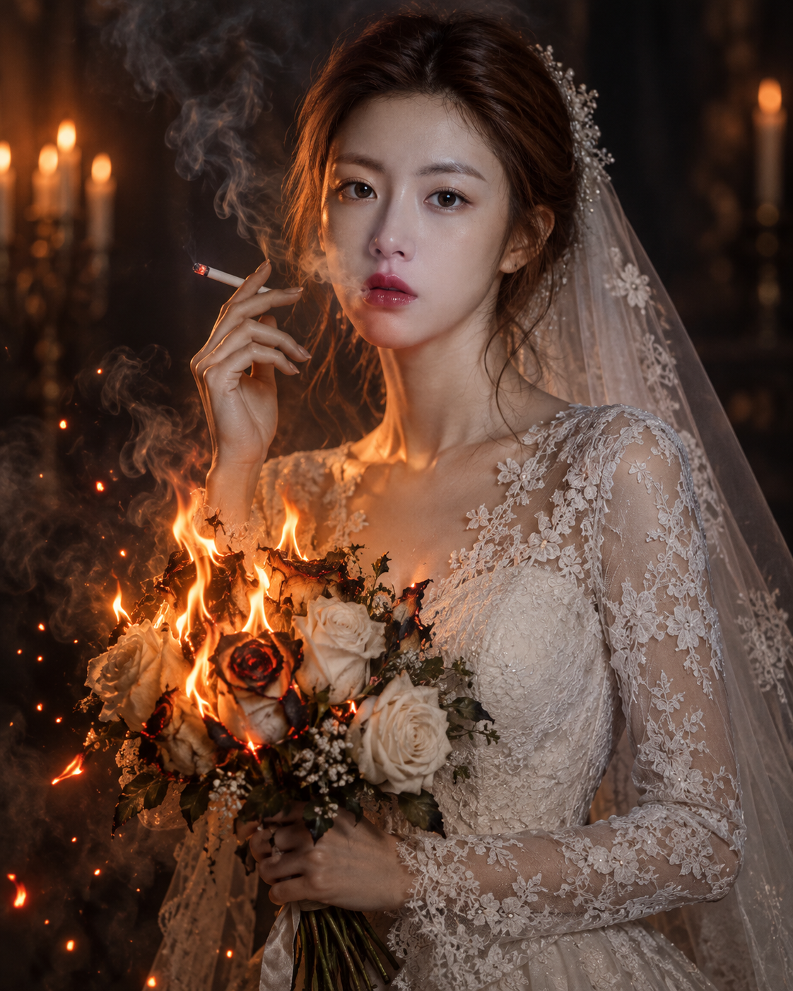 烈焰白玫瑰哥特新娘肖像