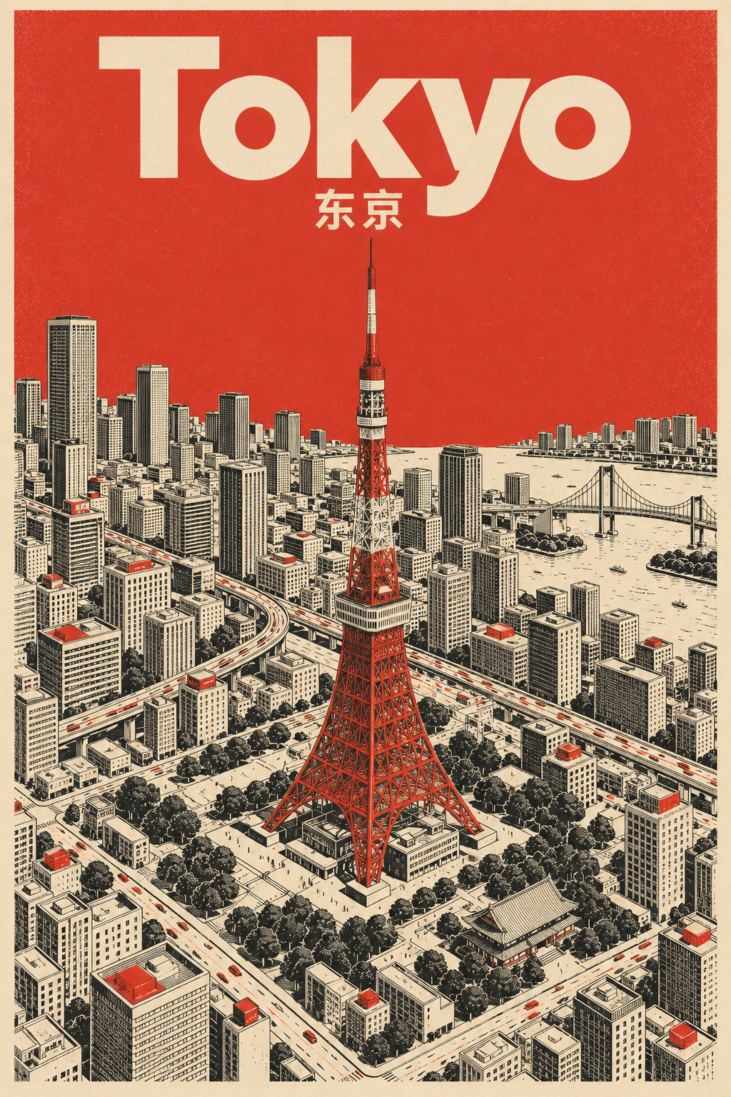 东京塔中世纪现代主义鸟瞰旅行海报 — AI image creation