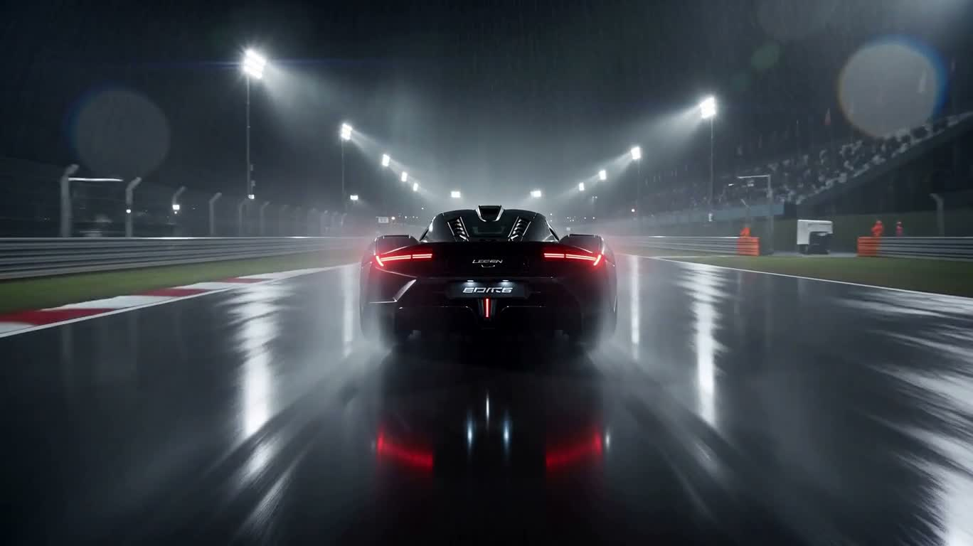 暴雨赛道上的黑色超级跑车 — AI video creation