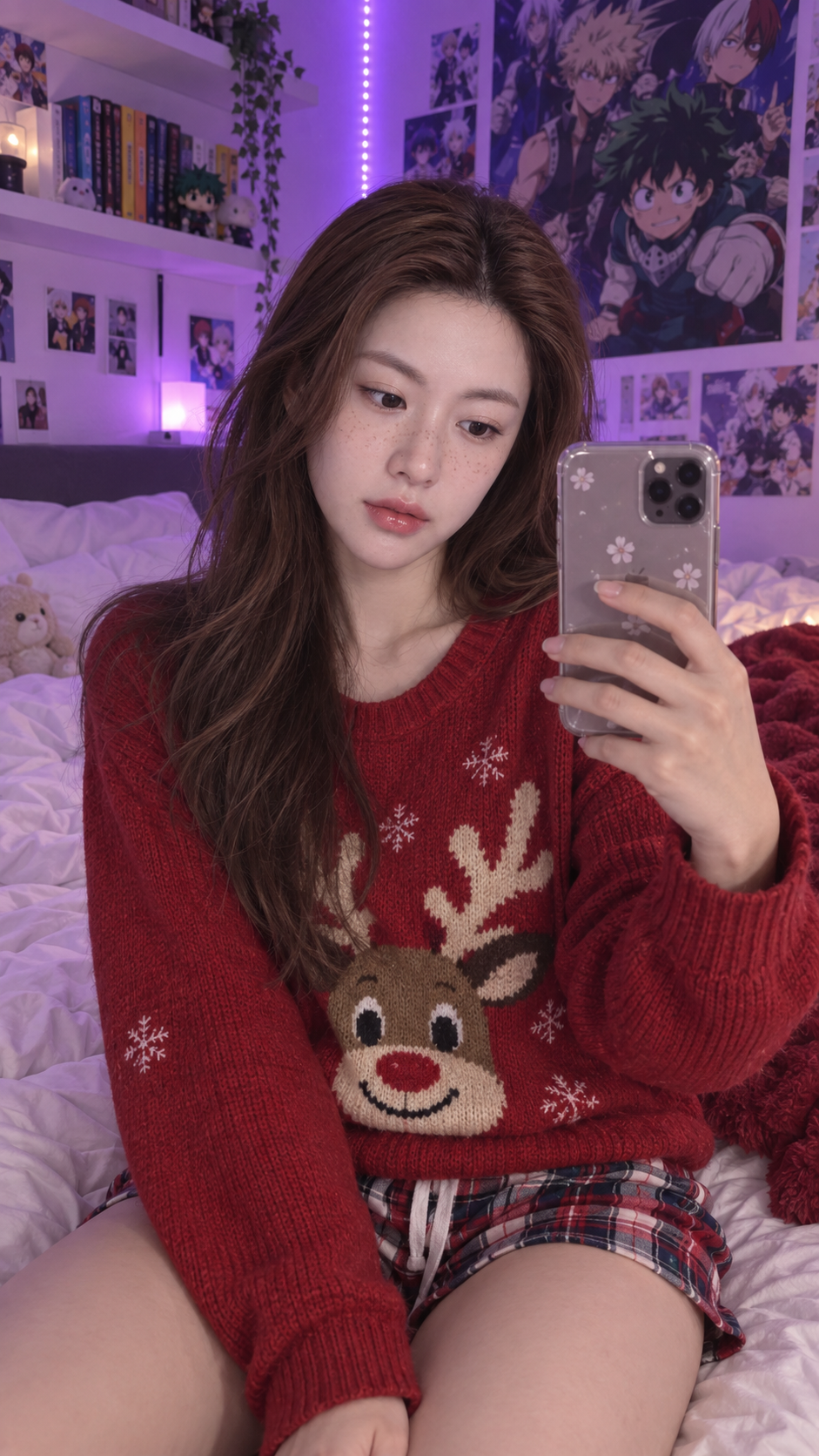 紫色氛围光下的驯鹿毛衣女孩卧室自拍 — AI image creation