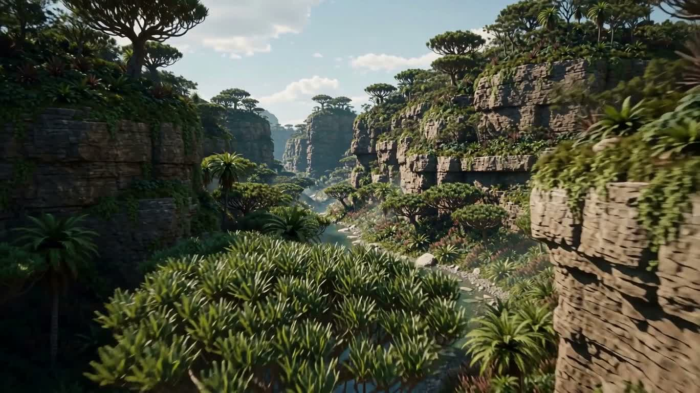 異星の滝谷に広がる奇妙な生命景観 — AI video creation