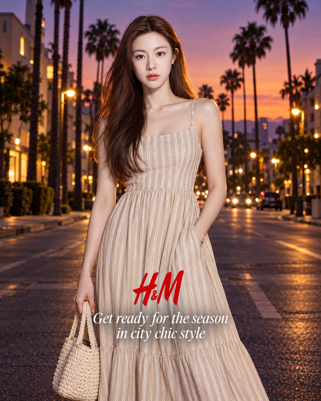 棕榈街蓝调黄昏H&M都市时尚海报 — AI image creation