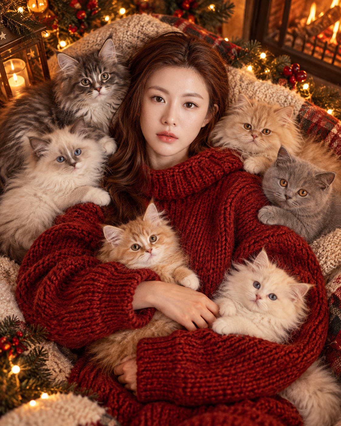 벽난로 불빛 속 빨간 스웨터와 아기 고양이