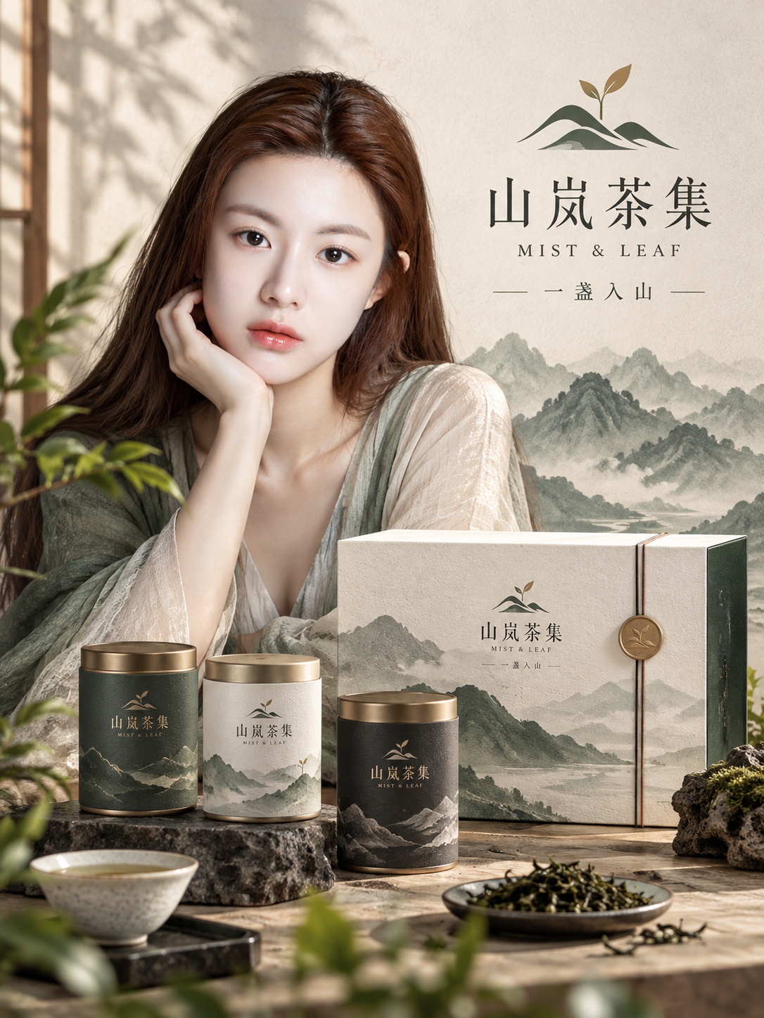 山岚茶集品牌主视觉提案板 — AI image creation