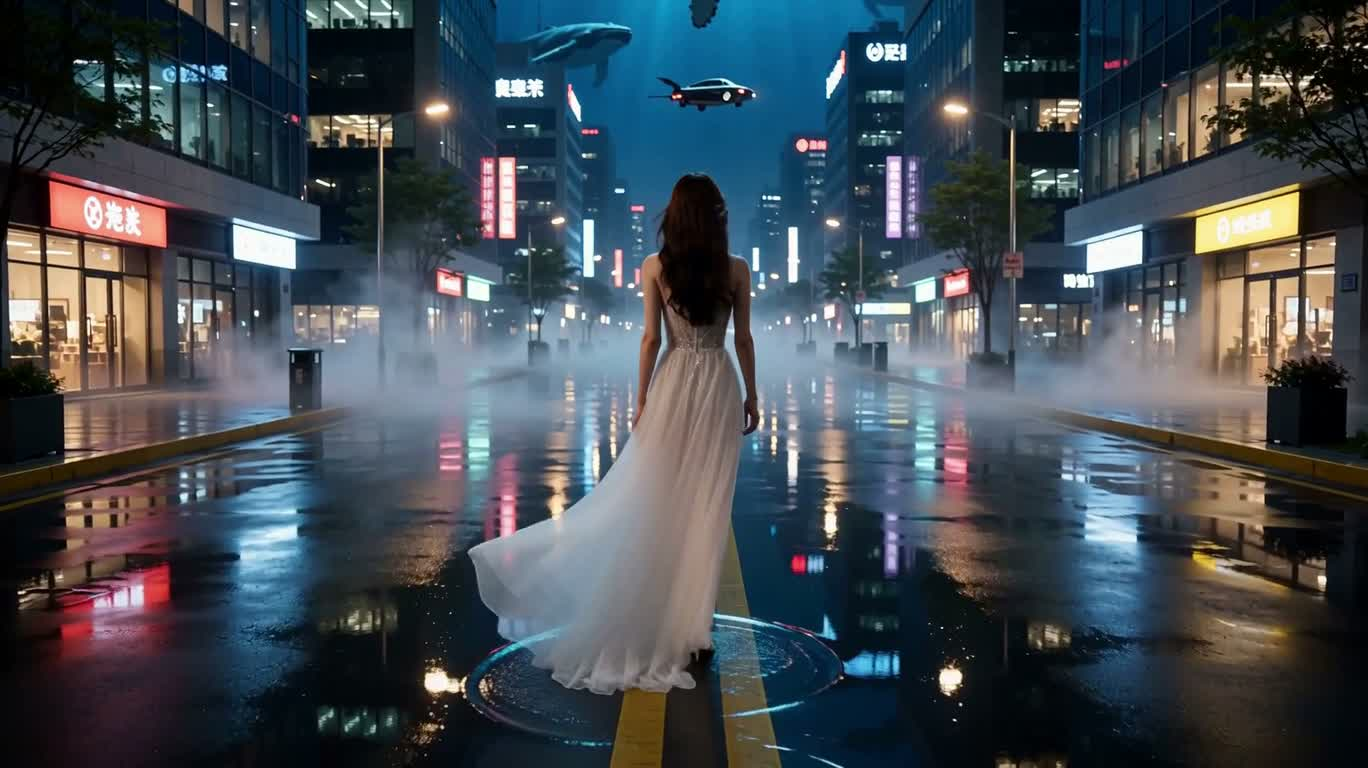 海上星城：鲸群掠过夜空 — AI video creation