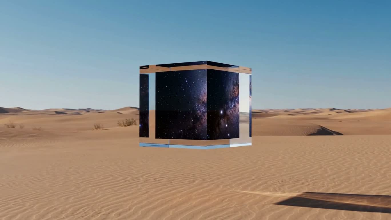 砂漠に輝く星空のガラスブロック — AI video creation