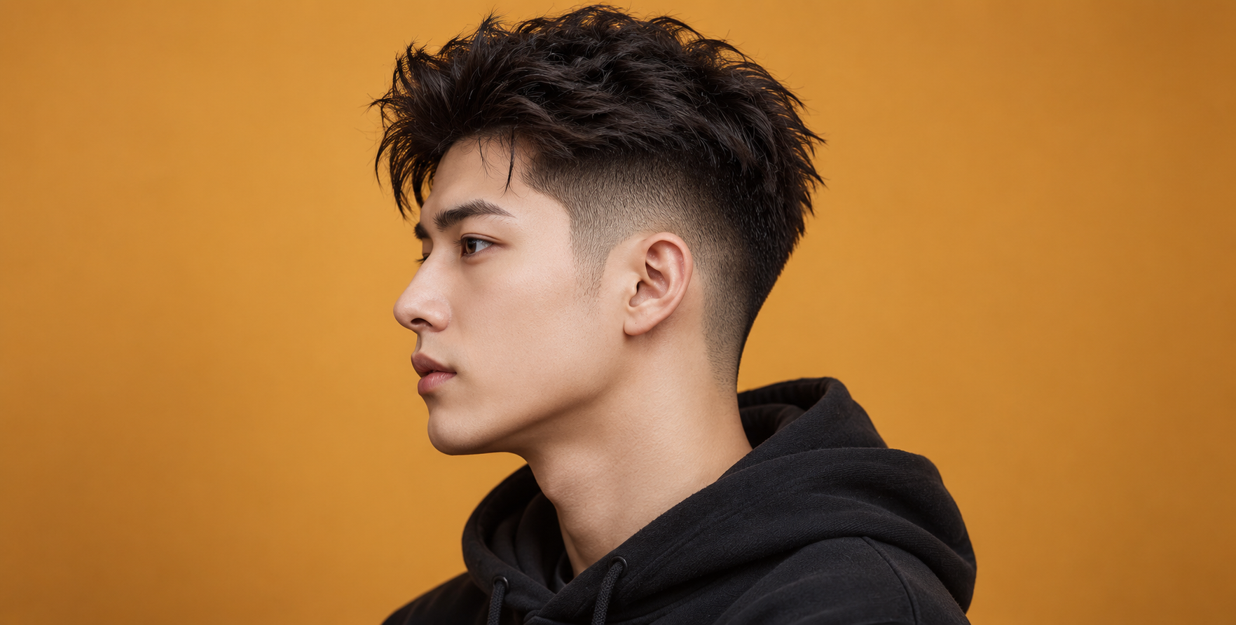 暖黄色影棚中的成年男性侧面发型肖像 — AI image creation