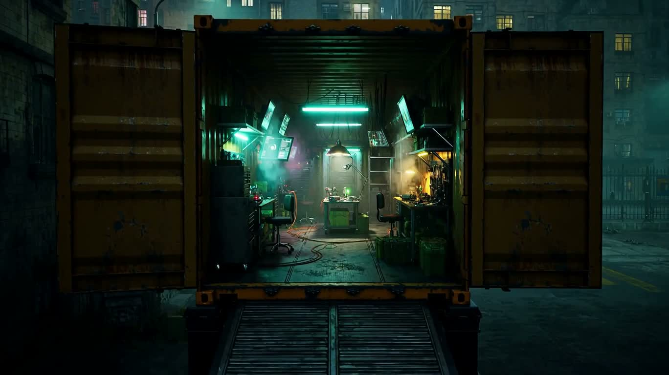 Neon Container Sci-Fi Mechanic Workshop