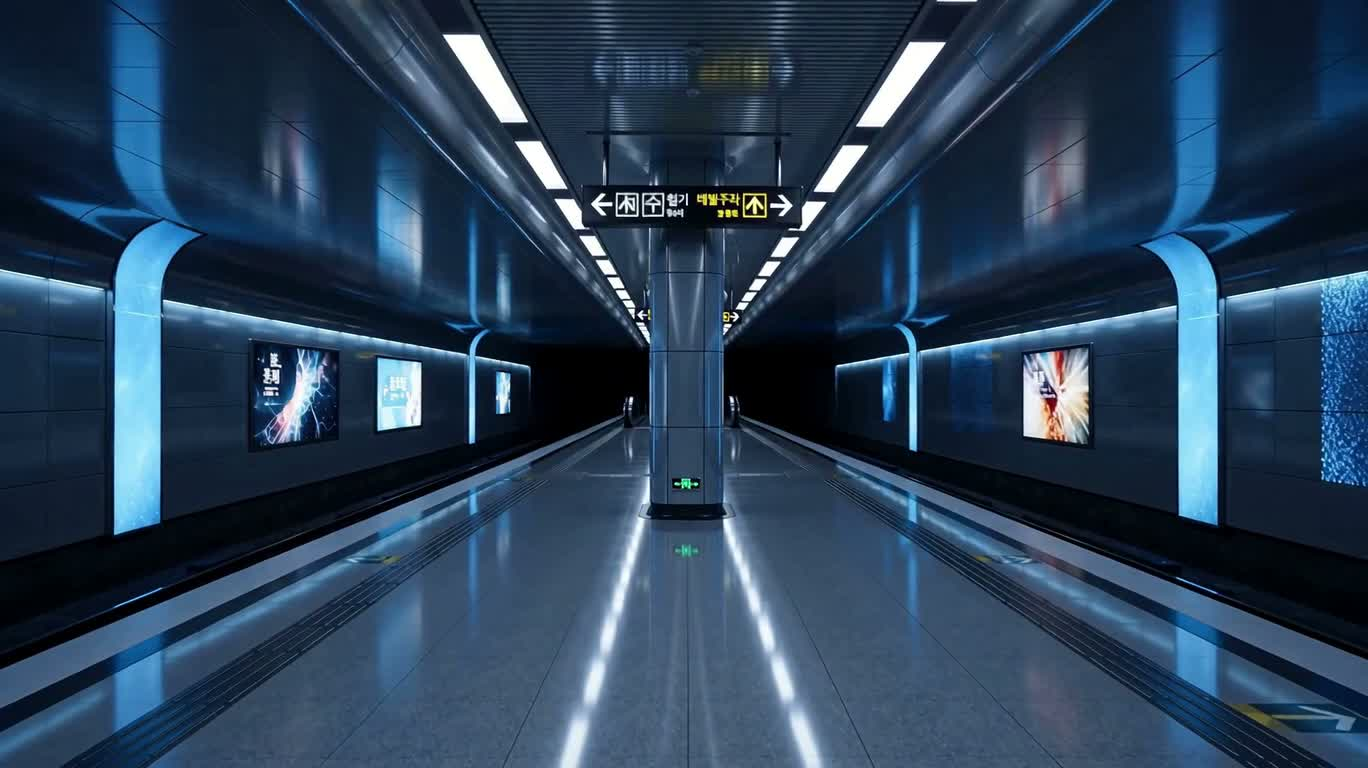 静謐な青い光の未来都市駅