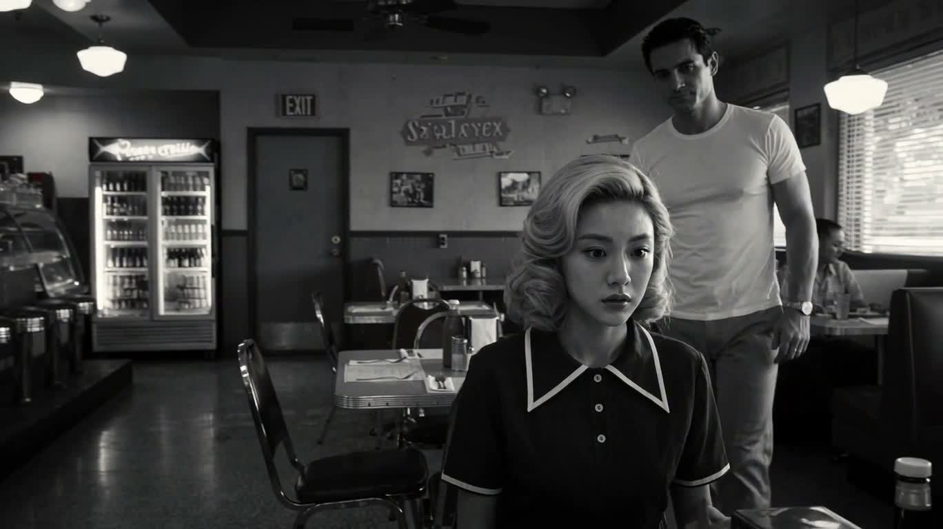 Rencontre dans un diner noir des années 1950 — AI video creation