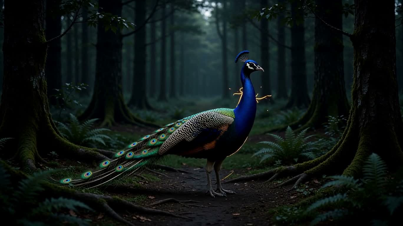 Fire-Feathered Peacock in the Dark Forest — AI video creation