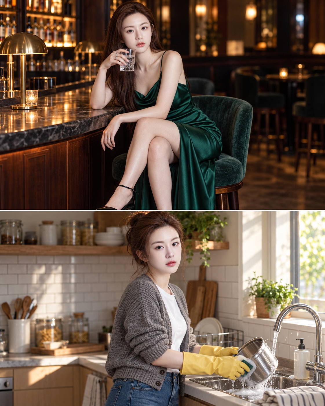祖母绿酒吧晚装与明亮厨房日常双场景肖像 — AI image creation