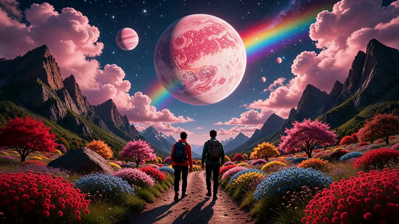 Le grand voyageur dans la vallée peinte aux étoiles — AI video creation